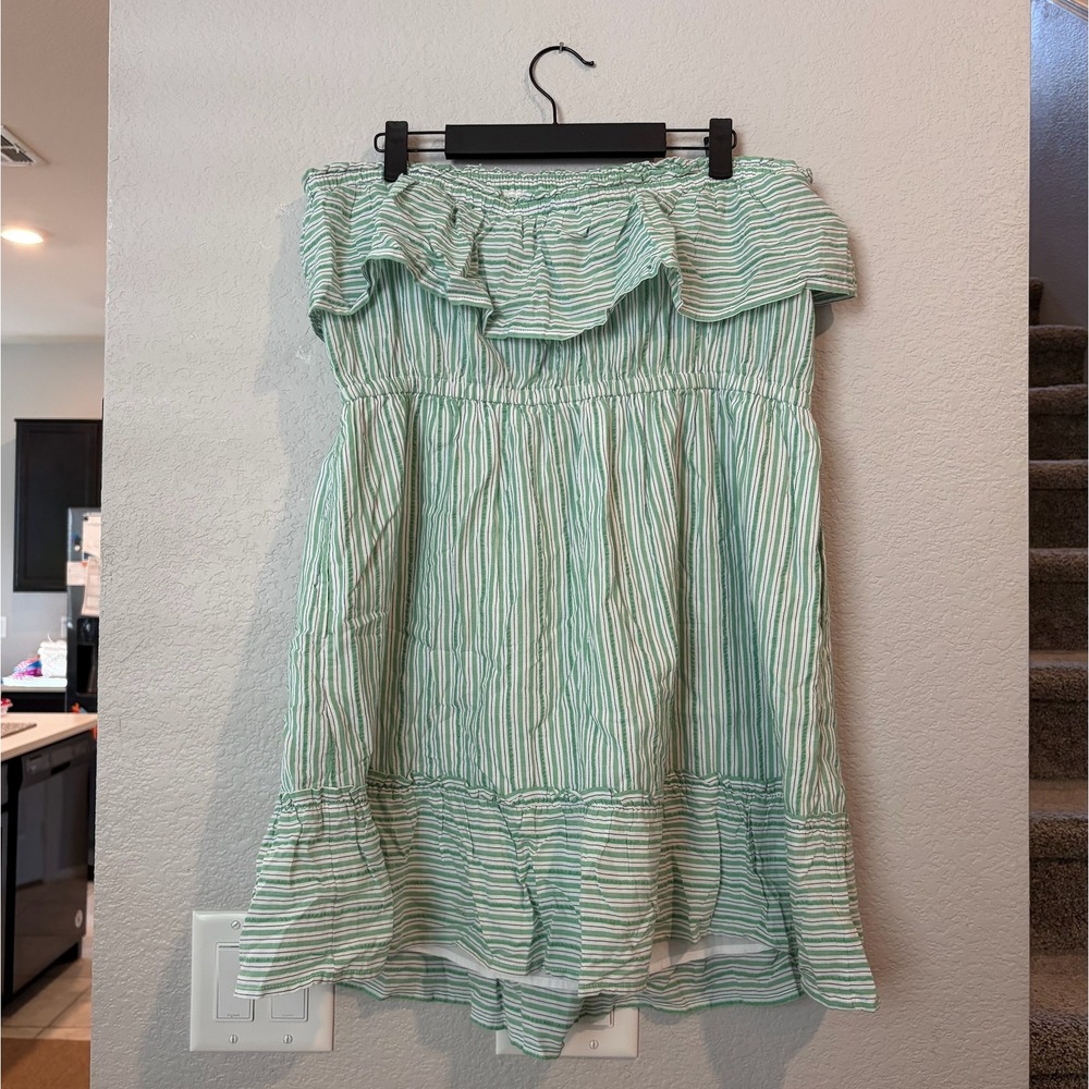 American Eagle Green White Striped Strapless Ruffle Mini Dress Boho XL - Picture 7 of 7